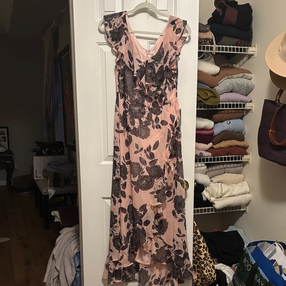 London Times Pink and Black Floral High Low Dress